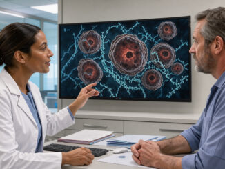 Illustration médicale réaliste d’une consultation d’oncologie, avec une oncologue et un patient observant un écran présentant discrètement des cellules de mélanome et des brins d’ARN messager.