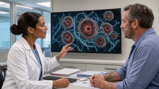 Illustration médicale réaliste d’une consultation d’oncologie, avec une oncologue et un patient observant un écran présentant discrètement des cellules de mélanome et des brins d’ARN messager.