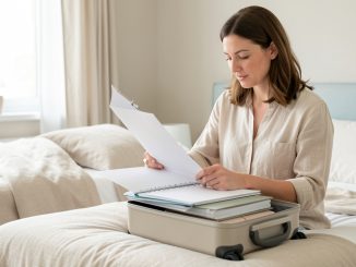 Une femme adulte prépare calmement un dossier médical vierge et une petite valise avant une cure thermale dermatologique, dans une pièce lumineuse et sobre.